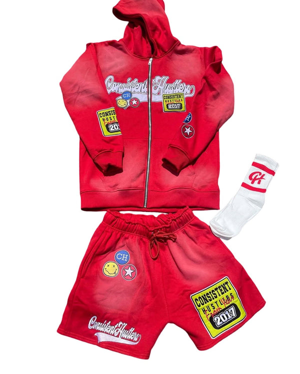 Acid Wash Short Set (Red)