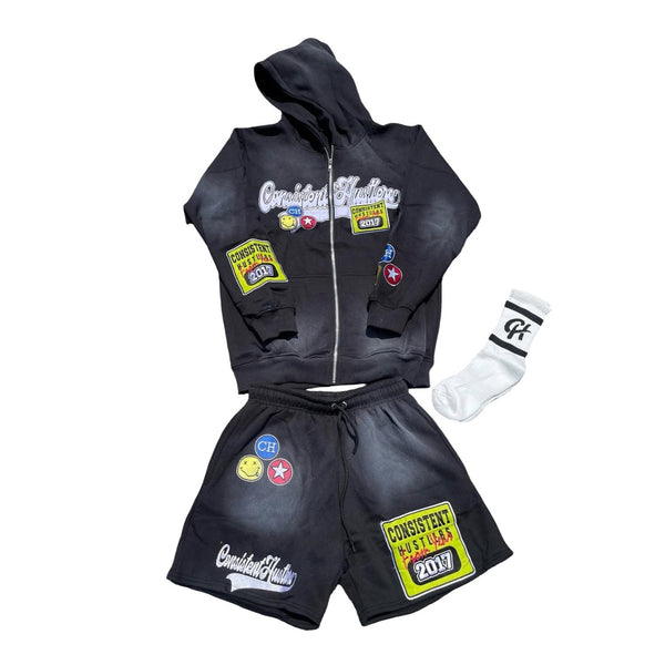 Acid Wash Short Set (Black)